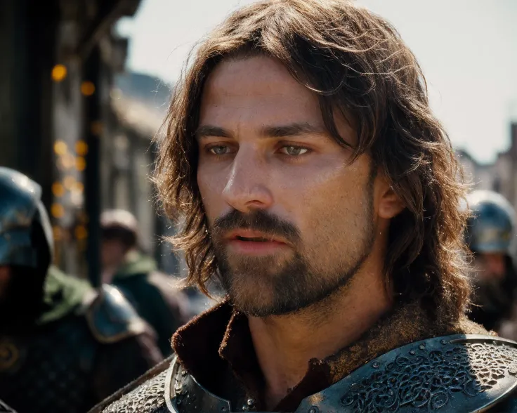 from lord of the rings  <lora:lord_of_the_rings_offset:1>, close up Portrait photo of muscular bearded guy in a worn armor, ((light bokeh)), intricate, (steel metal [rust]), elegant, sharp focus, photo by greg rutkowski, soft lighting, vibrant colors, masterpiece, ((streets)), detailed face