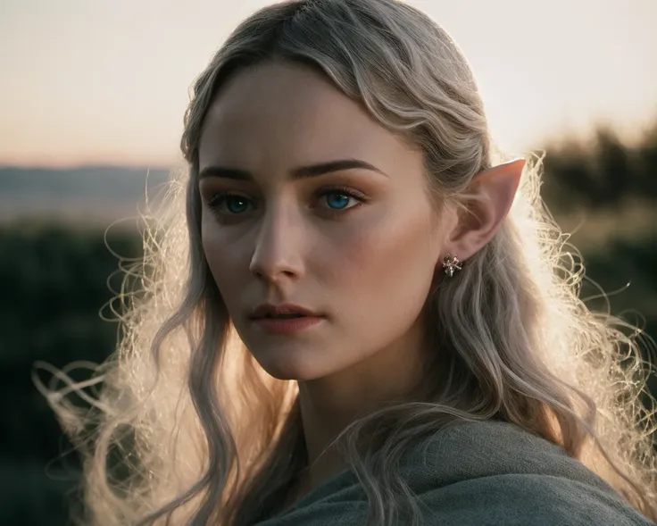 from lord of the rings <lora:lord_of_the_rings_offset:1>, (detailed face, detailed eyes, clear skin, clear eyes), lotr, fantasy, elf, female, silver hair, looking at viewer, portrait, photography, detailed skin, realistic, photo-realistic, 8k, highly detailed, full length frame, High detail RAW color art, piercing, diffused soft lighting, shallow depth of field, sharp focus, hyperrealism, cinematic lighting, pointy ears