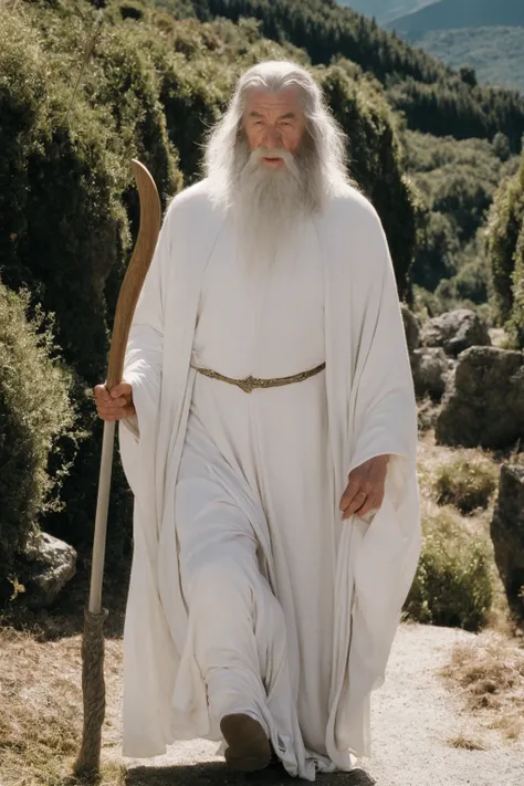 photo of the wizard Gandalf from Lord of the Rings <lora:lord_of_the_rings_offset:1>, film grain, white beard, white robe, holding staff