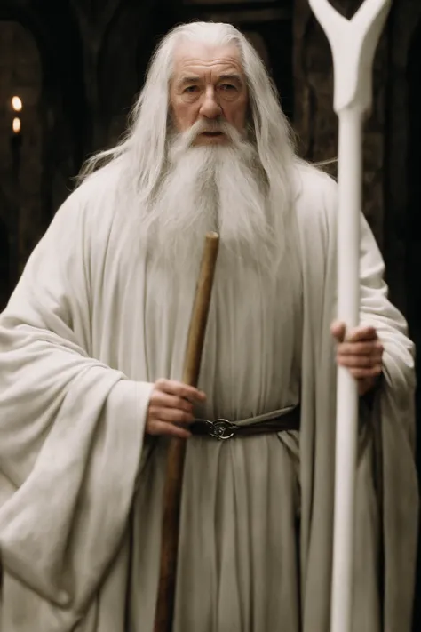 photo of the wizard Gandalf from Lord of the Rings <lora:lord_of_the_rings_offset:1>, film grain, white beard, white robe, holding staff