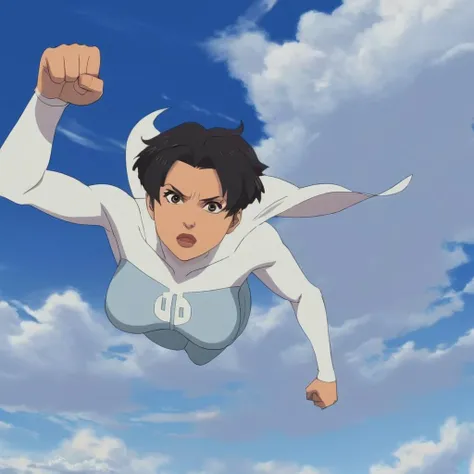 anime artwork of <lora:Invincible (TV series):0.4>
<lora:detailed:0.4> detailed
<lora:perfection style:0.4> perfect
<lora:PerfectEyesXL:0.3>
<lora:Anissa v2:0.8>
Anissa a serious looking woman flying through the air with a fist,Viltrumite costume,antagonist,sadistic,female Viltrumite,1girl,solo,breasts,looking at viewer,short hair,black hair,brown eyes,sky,cloud,blue sky,lips,clenched hand,clenched hands,sportswear, detailed face, comic book style, short haircut, anime style, key visual, vibrant, studio anime, highly detailed