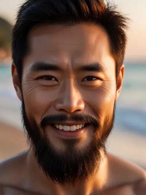 chinese strong bearded man,(iron man:1.1),close up,bokeh,real human with perfect anatomy,(perfect teeth:0.8),beach,golden hour,huge filesize,reality,realistic,