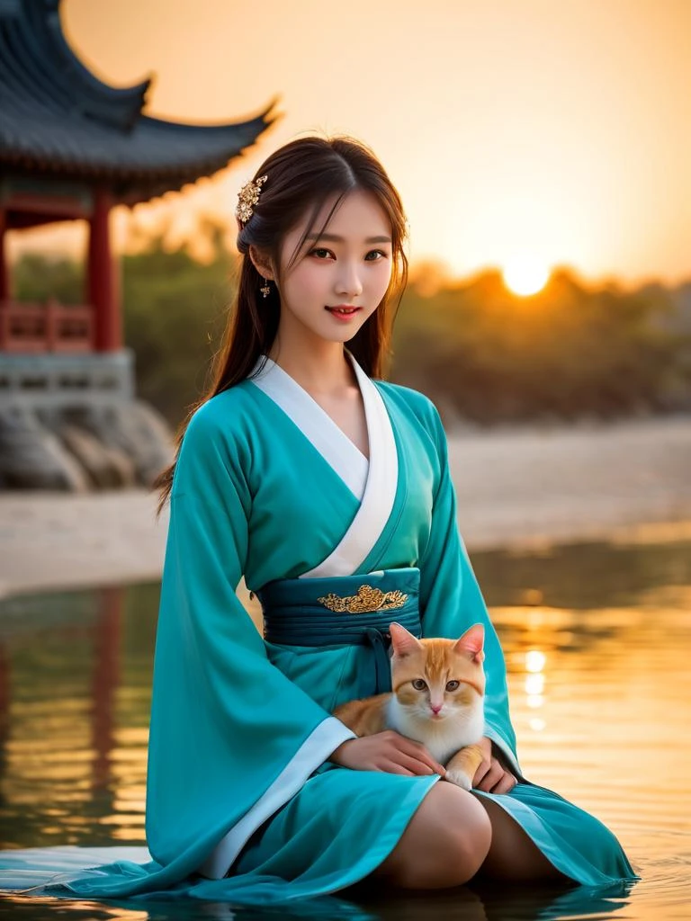 movie photos of young girls,close up,slender face,bokeh,chinese girls,chinese hanfu,extreme cutie,very beautiful,Spread legs to reveal pussy,NSFW,real human with perfect anatomy,thin,slender_waist,sexy,(perfect teeth:0.8),beach,golden hour,cute hair clip,huge filesize,reality,realistic,sitting_on_water,holding the cat,