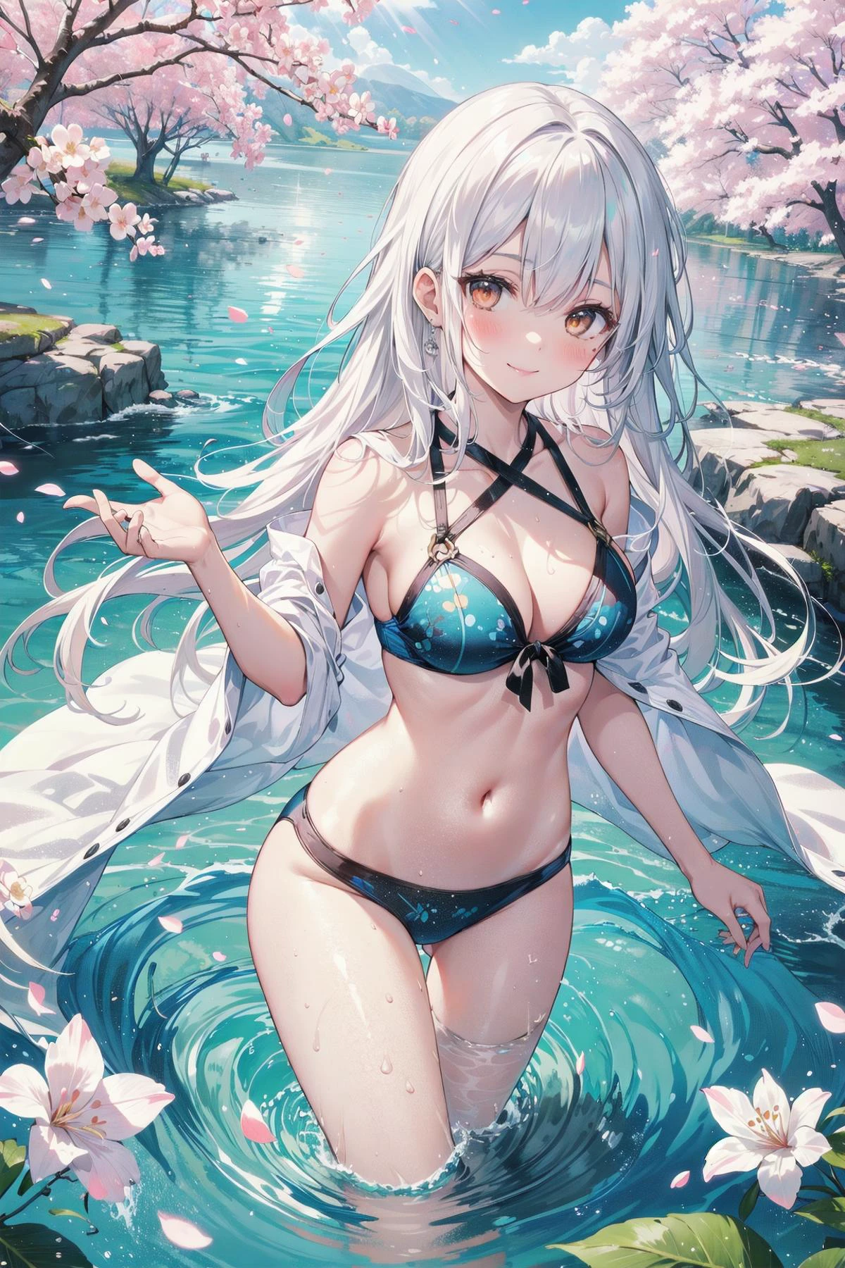 (best quality:1.05), 1girl, outdoors, cherry blossoms, sun rays, lake, dappled sunlight, light particles, light rays, blush, smile, very long hair, white hair, orange eyes, swimsuit, swimming, clear water, water ripple, medium breast, dynamic lighting, intricate detail,