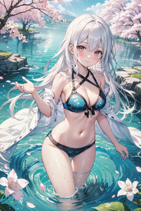 (Super detailed、Ultra-high resolution、8K masterpiece、Vibrant colors)、((Flat Color))、((Floating water))、summer、coastal、1 Masochist Woman、(Perforated bondage swimsuit、Knee-high stockings、garter belt、No underwear、Thick pubic hair、Sweating profusely)、(Turn around、Angle from behind)、（Open your mouth a little、Feels good）、(Random Sexy Poses)、Beautiful pink nipples、Plump labia majora、Wide open labia minora、Peeled clitoris、Normal five-finger、
 (Twin tails、Vermilion, blue, silver, golden hair、hair ornaments)、Beautiful blue eyes、Beautiful red lip、（fun、smile、Ahegao）、
TWICE&#39;s Tzuyu&#39; on pause、