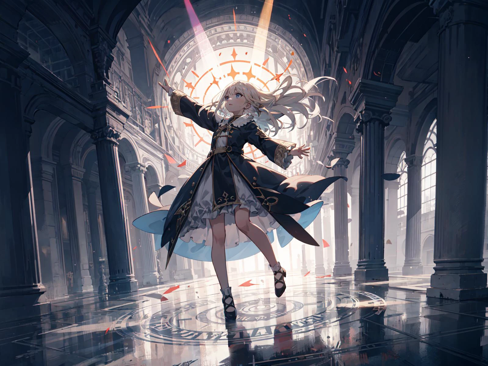best quality, ultra detailed, magic_circle, 1girl, solo, platinum blond hair, long_hair, floating hair, roman_numeral,
woman standing on a circle of arrows in the middle of it, Epsylon Point, arcane, holography, from front, floating, Pillar of light rising from the magic circle, Floating in the air with arms outstretched