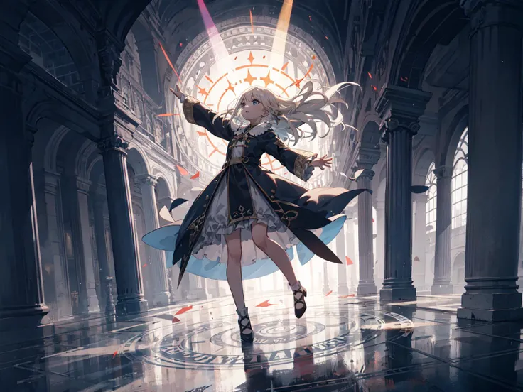 best quality, ultra detailed, magic_circle, 1girl, solo, platinum blond hair, long_hair, floating hair, roman_numeral,
woman standing on a circle of arrows in the middle of it, Epsylon Point, arcane, holography, from front, floating, Pillar of light rising from the magic circle, Floating in the air with arms outstretched