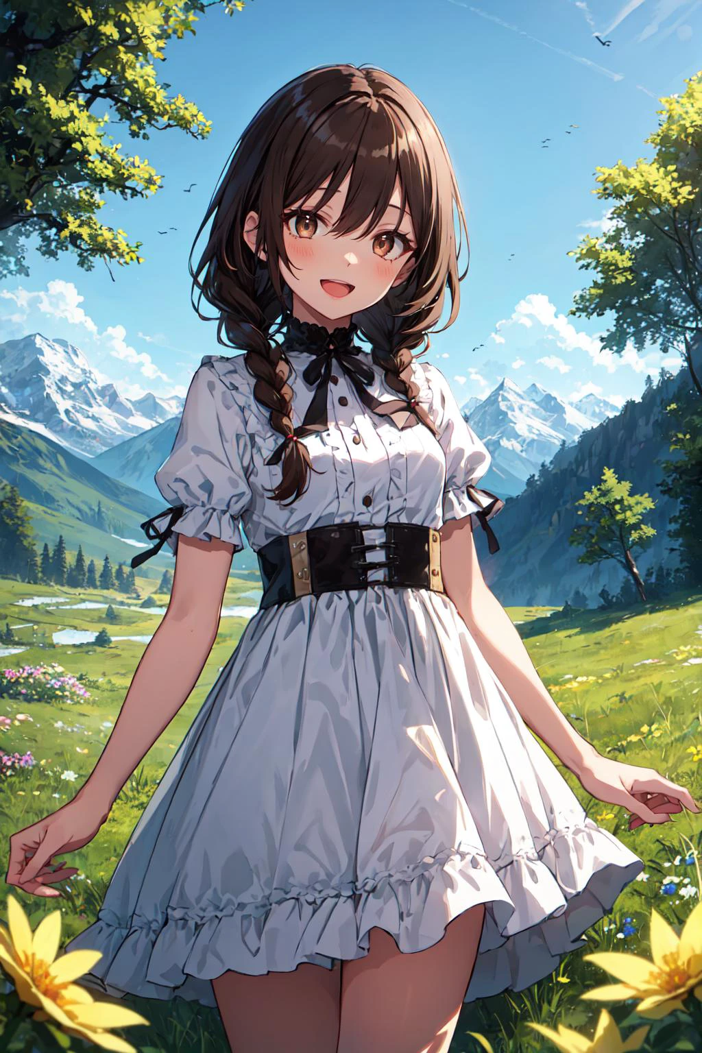 1 girl, best quality, amazing intricate, dark brown hair, twin braids, dark brown eyes, (round eyes:1.3), :d, medium breasts,
from front, cowboy shot, standing,
white dress,
in the forest, grass, flower, mountain in the distance, sky
