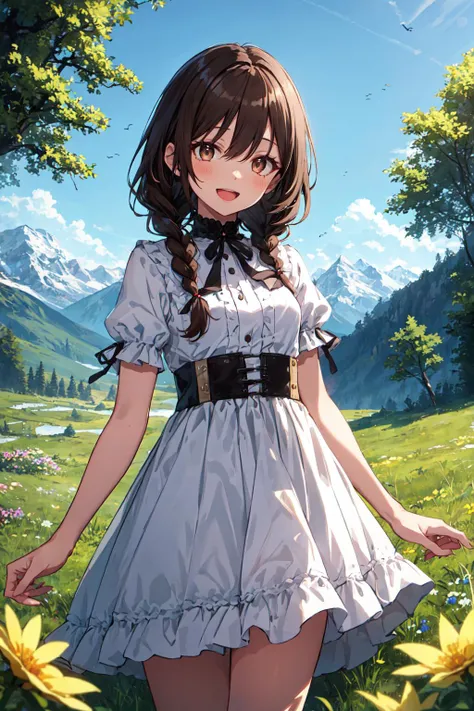 1 girl, best quality, amazing intricate, dark brown hair, twin braids, dark brown eyes, (round eyes:1.3), :d, medium breasts, 
from front, cowboy shot, standing, 
white dress, 
in the forest, grass, flower, mountain in the distance, sky