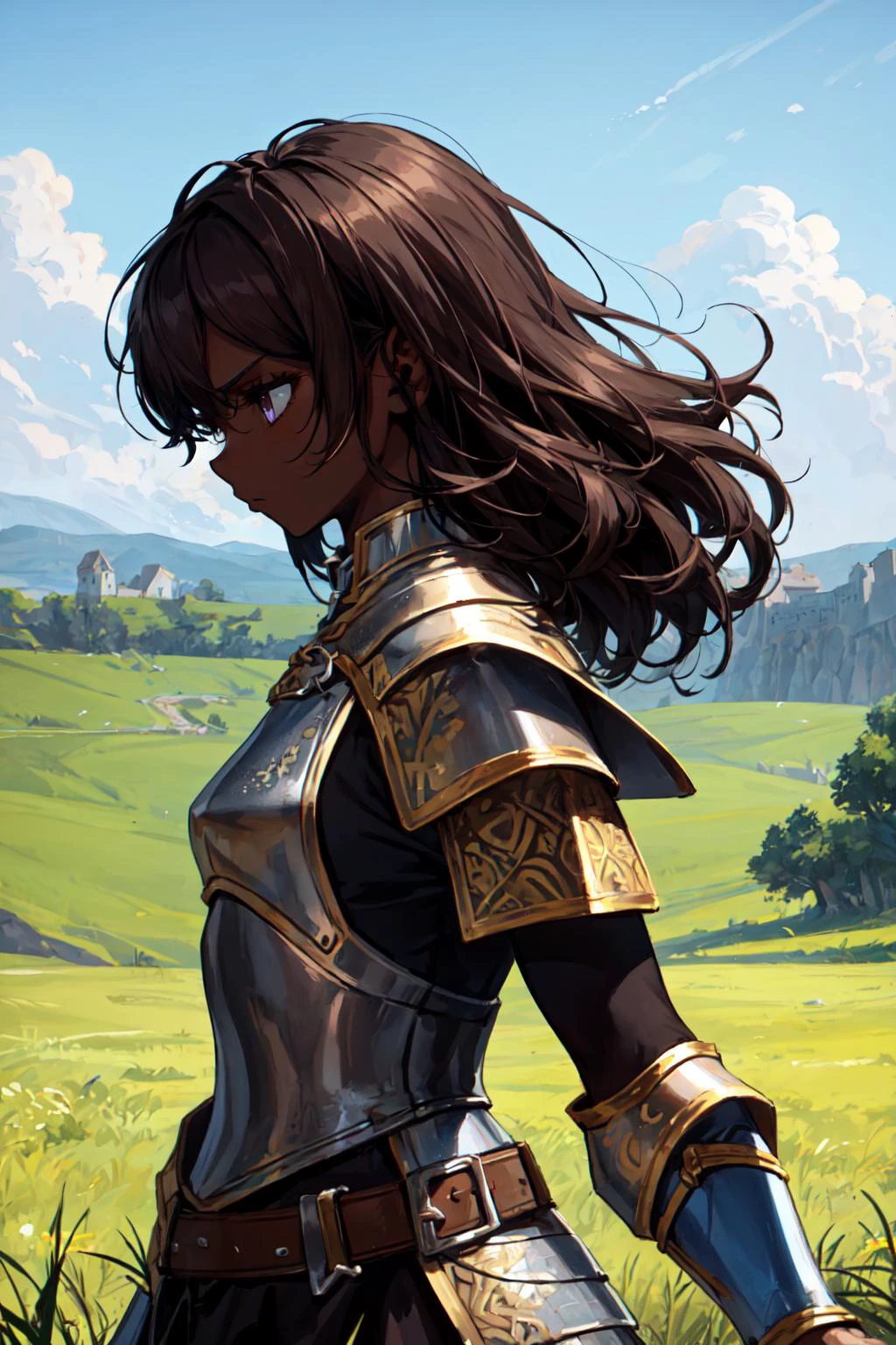 1 girl, (Medieval European Fantasy:1.2), best quality, amazing intricate, (looking away:1.2), (Various hairstyles:1.3), sullen expression,
(Warrior:1.4),
Dark skin, medium breasts,
medium hair, dark brown hair,
(grassland :1.1),
running, from side, , daytime, <lora:flat2:-0.4>