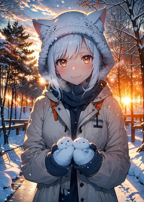 (best quality:1.05), 1girl, winter clothes, detailed clothes, high quality winter clothes, intricate detail, mittens, smiling, cold, forest village, snow, snowing, sun rays, shining, dawn, setting sun, cat ears, orange eyes, white winter jacket, dynamic lighting, intricate detail,