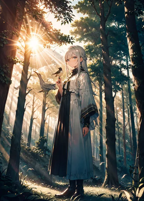 (Composition) A girl standing in the forest. (Girl) long silver hair, looking at the left side. girl looking at bird on her hand. white clothes, light side, (background) The forest is fantasy, a few birds, sun shine, glitter, high contrast. (detail) ultra detailed, masterpiece, detailed eye, full body shot, 16k