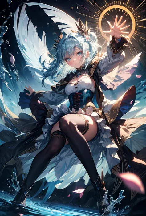 (masterpiece, best quality), 1girl, light blue hair, water hair, light blue eyes, flying petals, water blade, light blue water magic circle, light blue corset, black thighhighs, sidelighting, light particles, abstract, <lora:add_detail:1>