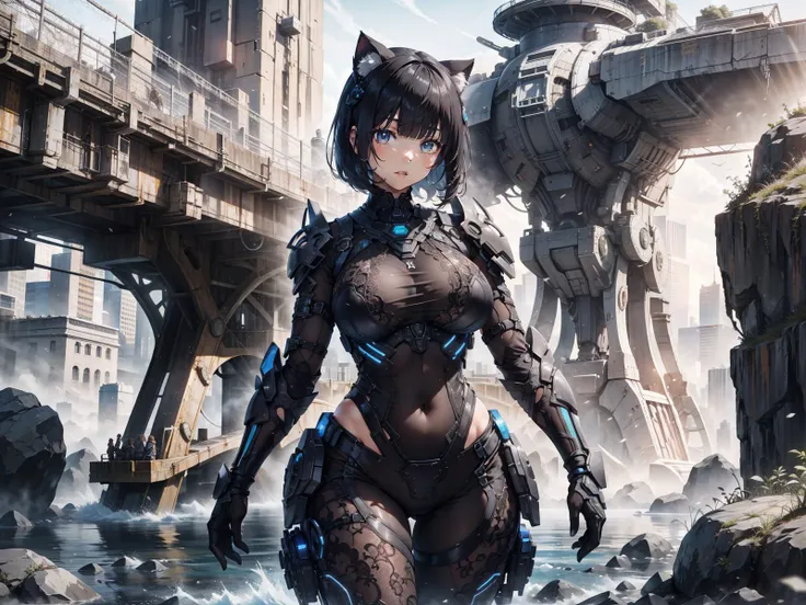 1girl, (solo:1.1), huge breasts, sagging breasts, narrow waist, curvy, scenery, skin tight, scifi, futuristic background, bob cut, hime cut, swept bangs, blunt bangs, cat ears, <lora:Clothing - Lace Armor:0.5> , lac34rmor, lace, lace exosuit, lace warrior armor, see-through