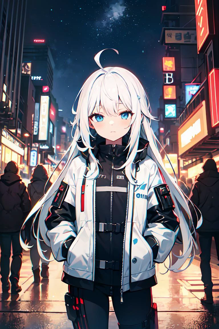 masterpiece, best quality, ((Ultra-detailed)), 1girl, blue eyes, ahoge, white hair, (absurdly long hair:1.2), flat chest, pale skin, expressionless eyes, black body suit, white jacket, ((futuristic sci-fi city)), ((depth of field)), starry night, wind, breeze, (beautiful and delicate fabric), cowboy shot, cold attitude, cyberpunk city, hands in pockets, (half-closed eyes:1.2), belts, tactical gloves