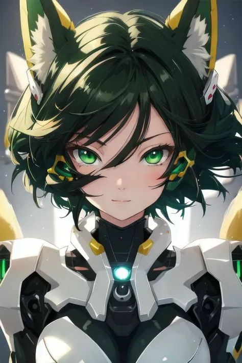 (Closeup portrait:1.2), (ultra detailed, small details, high res, 8K), (anime:1.2), Fox girl, short hair, (black hair), (Green eyes:1.2), (Digital Art:1.4), (Beautifully rendered:1.1), (beautiful face, beautiful eyes), symmetrical body, symmetrical face, (soft smile:1.1), (Laboratory), (simple background), (Dynamic lighting:1.4), mecha musume, bodysuit, fortified suit, full armor, mechanical parts,