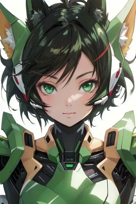 (Closeup portrait:1.2), (ultra detailed, small details, high res, 8K), (anime:1.2), Fox girl, short hair, (black hair), (Green eyes:1.2), (Digital Art:1.4), (Beautifully rendered:1.1), (beautiful face, beautiful eyes), symmetrical body, symmetrical face, (soft smile:1.1), (Laboratory), (simple background), (Dynamic lighting:1.4), mecha musume, bodysuit, fortified suit, full armor, mechanical parts,