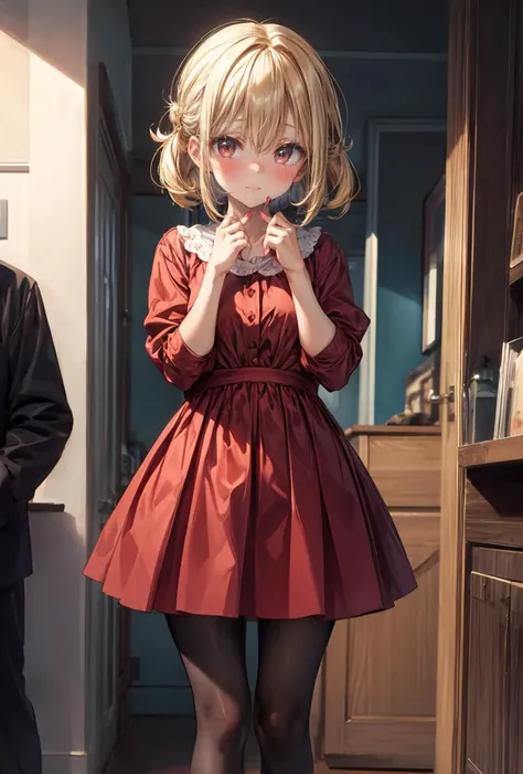 (masterpiece, best quality), 1girl, blonde hair, red dress, pantyhose, cute face, blush, <lora:add_detail:1>