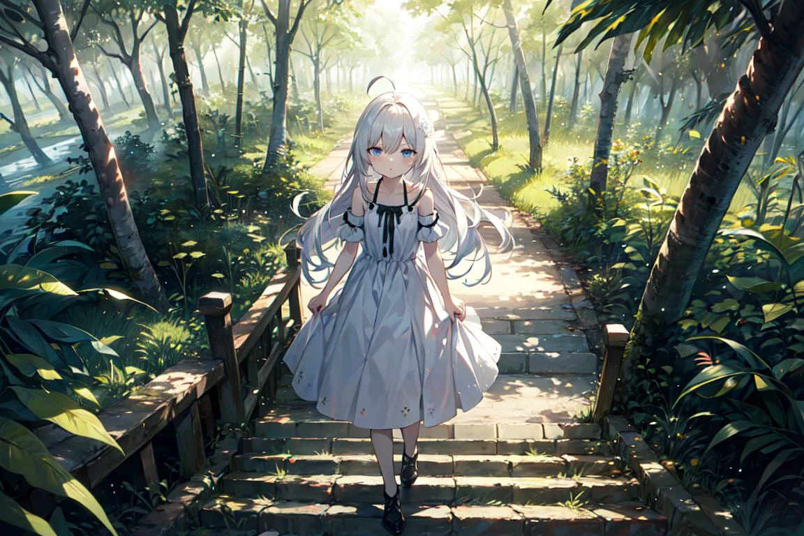 Masterpiece, highres, HDR, best quality, 1girl, flat chest, ahoge, white hair, absurdly long hair, blue eyes, expressionless eyes, (pale skin:1.1), forest, mangrove trees, shadows, intricate details, white dress, short sleeves, from above, cold attitude, half-closed eyes, lens flare, light particles, full body, bokeh, bare shoulders, sleeveless, looking at viewer, stone stairs, walking