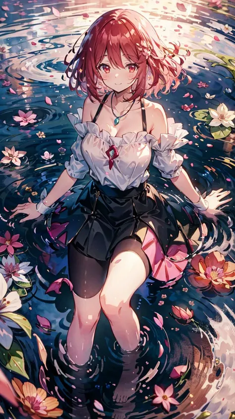 ((masterpiece,4k, best quality, detailed background, fine line art, dynamic lighting, photoshoot)), 1girl, red hair, medium hair, red eyes, pale skin, camisole, layered skirt, large breasts, full body, (watercolours), bloom effect, detailed beautiful grassland with petal, flower, butterfly, necklace, smile, petal,(((surrounded by heavy floating petal flow))), (masterpiece, top quality, best quality, ultra-detailed, highly detailed CG illustration), panorama view)