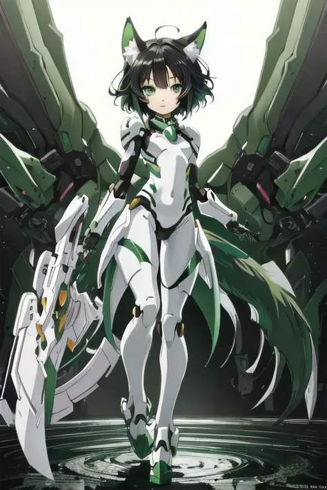 (full body view:1.2), (ultra detailed, small details, high res, 8K), (anime:1.2), Fox girl, short hair, (black hair), (Green eyes:1.2), (Digital Art:1.4), (Beautifully rendered:1.1), (beautiful face, beautiful eyes), symmetrical body, symmetrical face, (soft smile:1.1), (Laboratory), (simple background), (Dynamic lighting:1.4), mecha musume, bodysuit, fortified suit, full armor, mechanical parts,