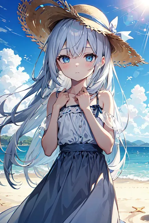 Masterpiece, highres, HDR, best quality, 1girl, flat chest, white hair, absurdly long hair, blue eyes, expressionless eyes, (pale skin:1.1), cold attitude, half-closed eyes, lens flare, light particles, bokeh, looking at viewer, beach scenery, clouds, straw hat, summer dress, dawn, hand on hat
