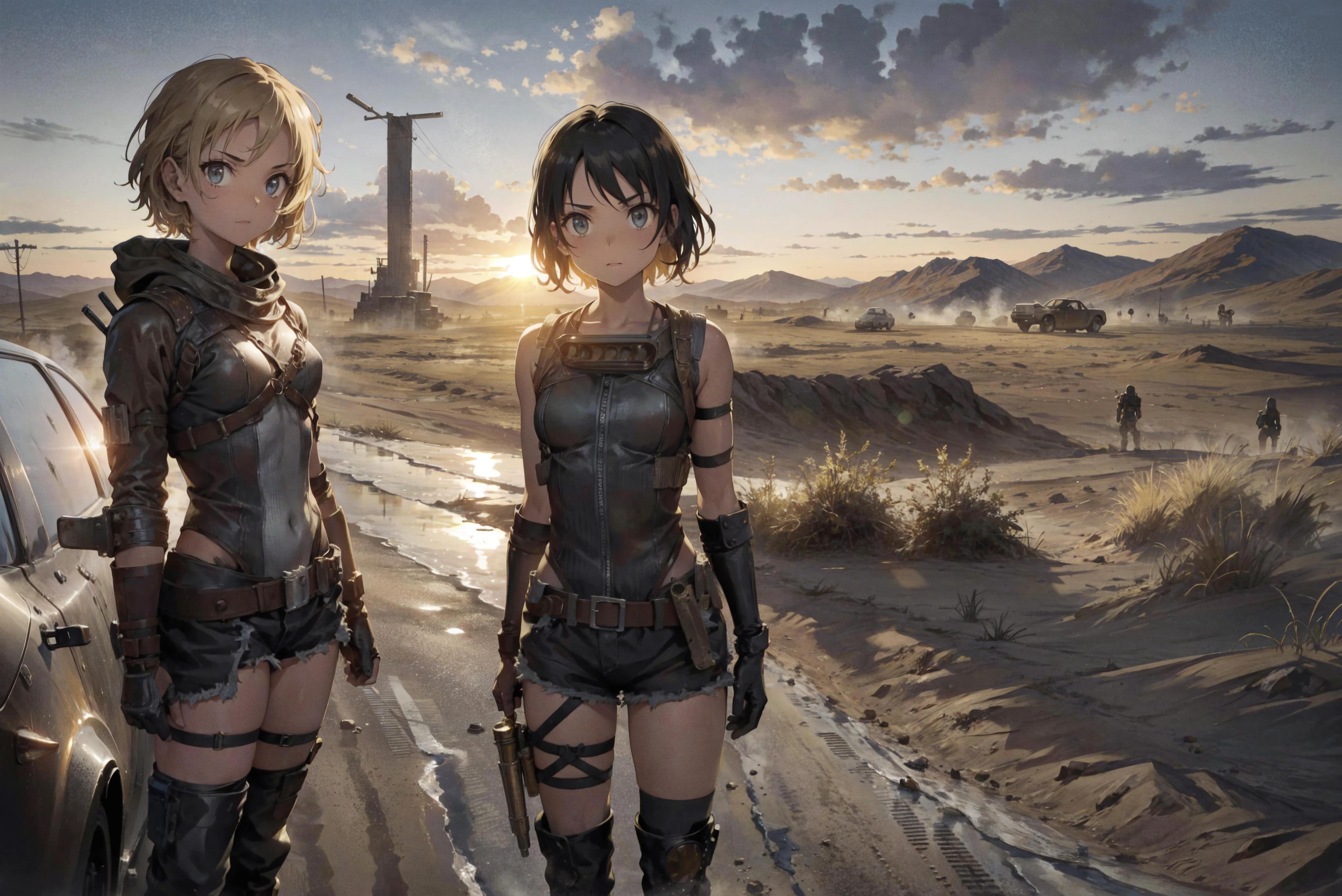 (Mad Max:1.2), Masterpiece, best quality, high detailed, detailed desert landscape, a beautiful girl in the foreground, skinny, slim, petite, (Dieselpunk:1.1), (flat chest:1.2), standing, cinematic, High detailed, intricate detail, rule of thirds, golden ratio