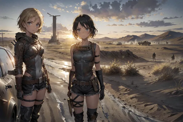 (Mad Max:1.2), Masterpiece, best quality, high detailed, detailed desert landscape, a beautiful girl in the foreground, skinny, slim, petite, (Dieselpunk:1.1), (flat chest:1.2), standing, cinematic, High detailed, intricate detail, rule of thirds, golden ratio