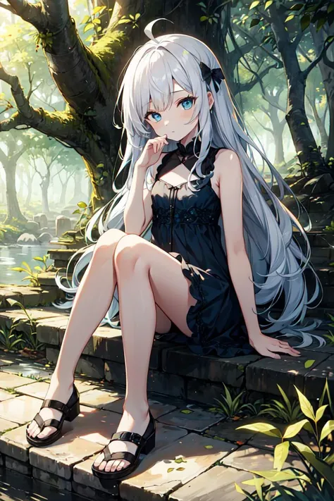 Masterpiece, highres, HDR, best quality, 1girl, flat chest, ahoge, white hair, absurdly long hair, blue eyes, expressionless eyes, (pale skin:1.1), forest, mangrove trees, shadows, intricate details, green and golden dress, cold attitude, half-closed eyes, lens flare, light particles, bokeh, sleeveless, looking at viewer, stone stairs, sitting, ruins, leaning on legs, close-up