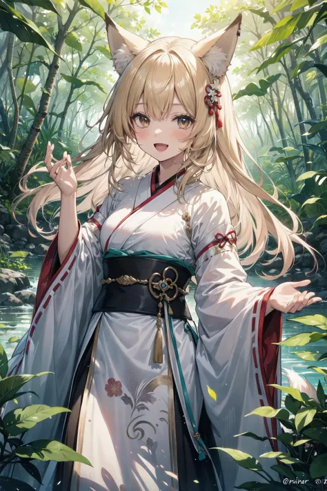 detailed background, 1girl, solo, blonde hair, brown eyes, fox ears, fox girl, hanfu, silk, long sleeves, open mouth, smile, fang, looking at viewer, reaching, BREAK lush mangrove forest, tangled roots, brackish water, diverse wildlife, dappled sunlight, gentle lapping waves, mysterious shadows