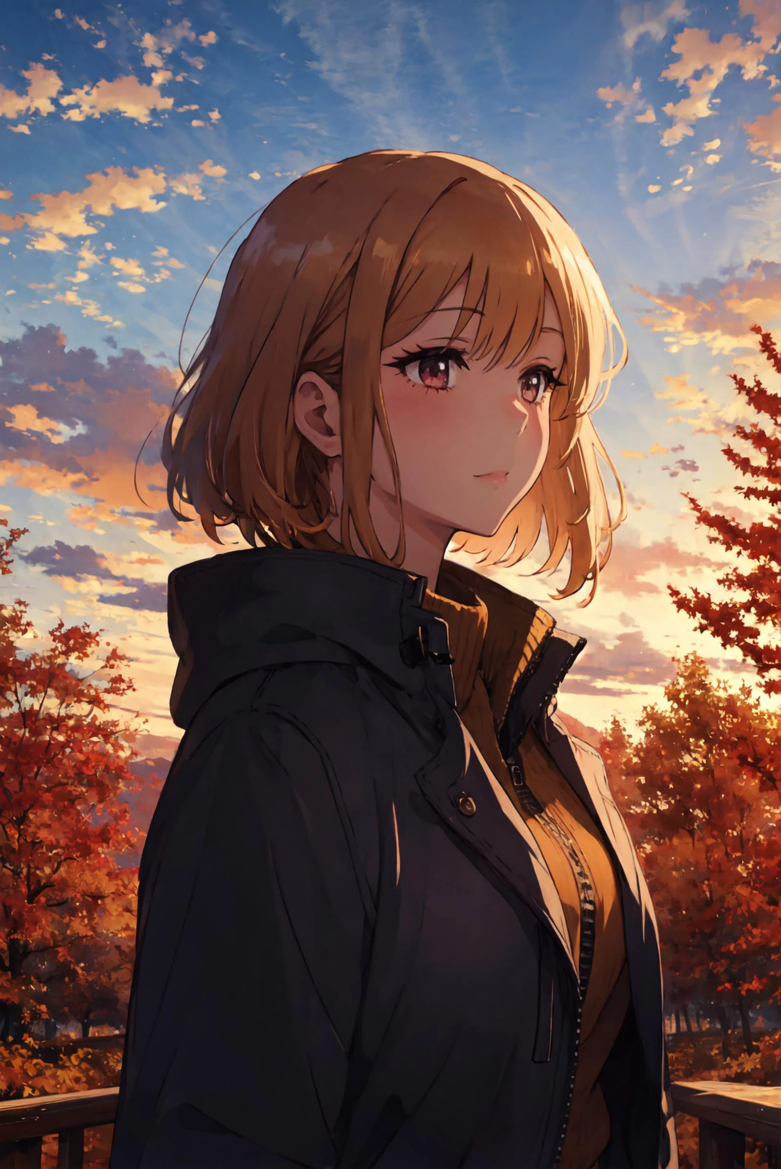 1girl, autumn, cloud, sky, <lora:Lgirl Slider:-4> , <lora:Marin:0.4> pikkymarin,