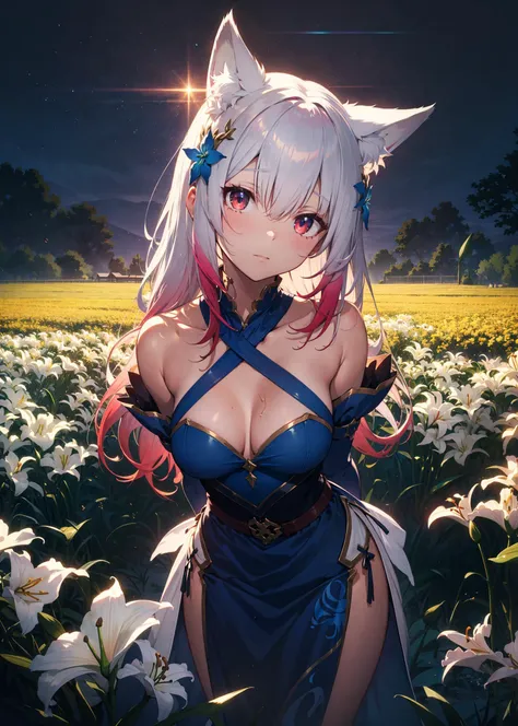 nsfw,{{masterpiece}},{{best quality}},Illustration,portrait,{1 girl},(long white hair,detailed red eyes),multicolored hair,((gradient hair), white+(blue)+(pink:0.5) hair//),{fox ears},{extremely detailed blue eyes},{{arms behind back}},slender figure,{lilies_field},{bare shoulders},{long detached_sleeves},{slightly leaning forward},looking up,hair ornament,{shy},head tilt,{medium breasts},cinematic lighting,oversized clothes,