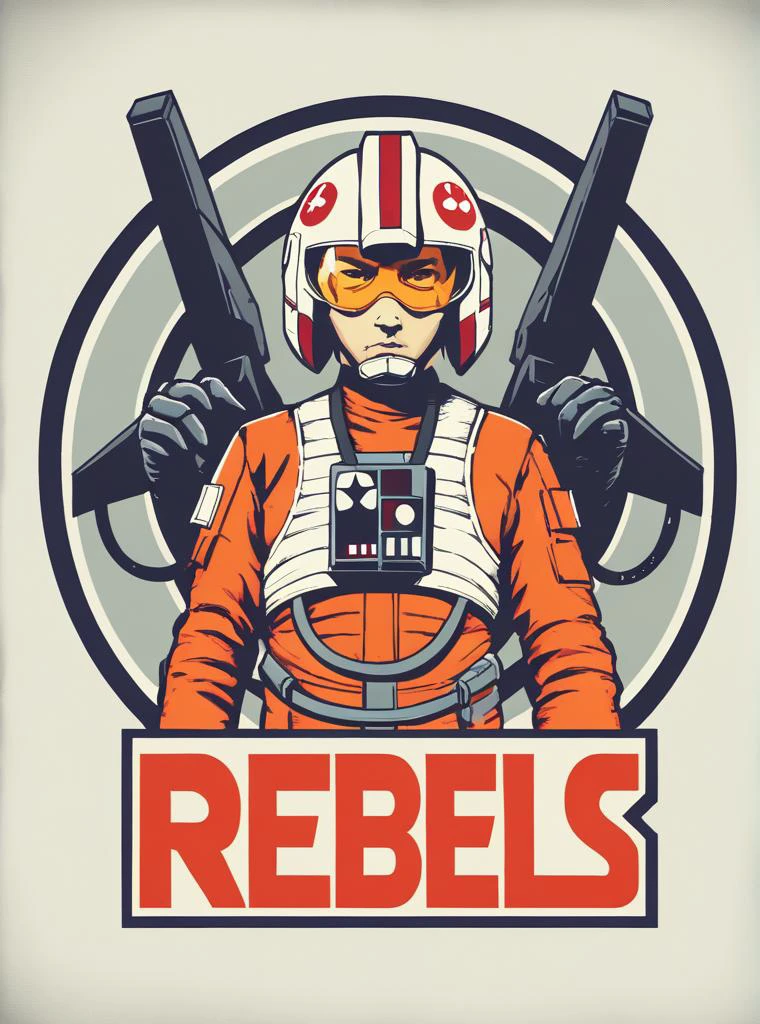 text logo "REBELS", rebel pilot suit<lora:Harrologos_V1.0:0.8> <lora:RebelpilotXLCopax:0.8>