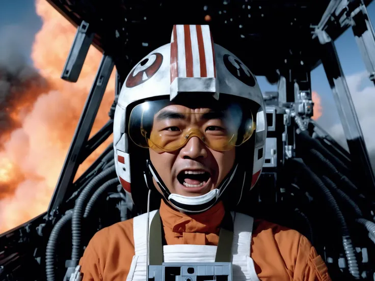 cockpit view,asian man in rebel pilot suit,screaming,helmet,googles,explosions<lora:RebelpilotXL:0.8>
