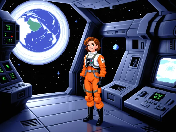 game art, pixel art, lucasarts adventure game. lcas artstyle,woman in rebel pilot suit,hangar,smiling<lora:RebelpilotXL:0.6> <lora:Lucasarts Artstyle - (Trigger is lcas artstyle):1>