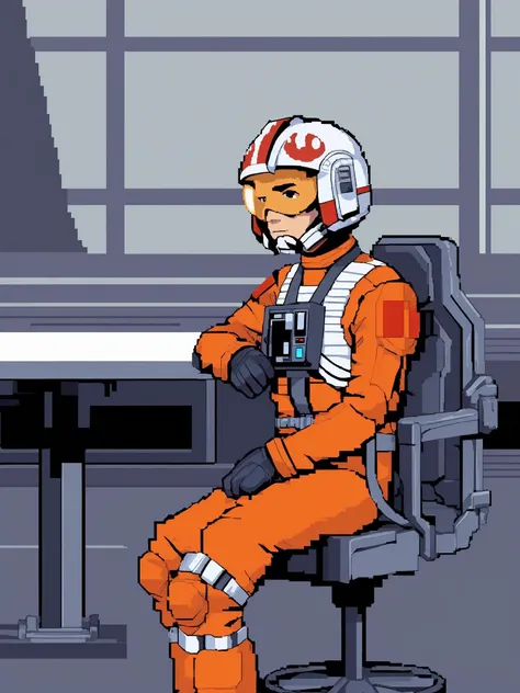 pixel art,man in rebel pilot suit,sitting at a table<lora:RebelpilotXL:0.8>