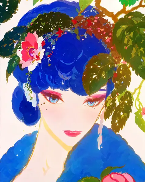 <lora:Umberto_v2:0.7>,1girl,solo,looking at viewer,short hair,bangs,blue eyes,black hair,hair ornament,hat,closed mouth,upper body,flower,hair flower,mole,tree,cup,lips,eyelashes,mole under eye,makeup,rose,colored skin,headphones,leaf,mouth hold,traditional media,plant,lipstick,pale skin,portrait,mole under mouth,pink flower,eyeshadow,curly hair,white skin,drinking straw,realistic,drink,branch,red lips,painting (medium),watercolor (medium),abstract,faux traditional media,Umberto,, masterpiece, best quality,