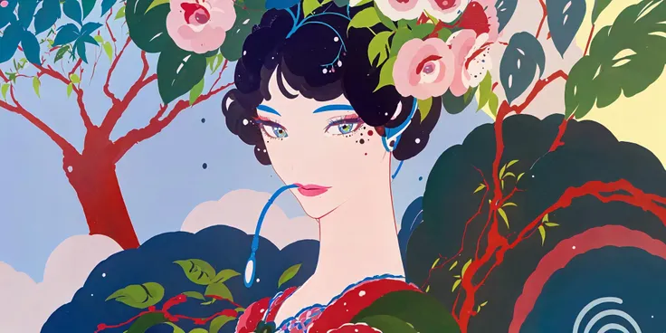 <lora:Umberto_v2:0.7>,1girl,solo,looking at viewer,short hair,bangs,blue eyes,black hair,hair ornament,hat,closed mouth,upper body,flower,hair flower,mole,tree,cup,lips,eyelashes,mole under eye,makeup,rose,colored skin,headphones,leaf,mouth hold,traditional media,plant,lipstick,pale skin,portrait,mole under mouth,pink flower,eyeshadow,curly hair,white skin,drinking straw,realistic,drink,branch,red lips,painting (medium),watercolor (medium),abstract,faux traditional media,Umberto,, masterpiece, best quality,