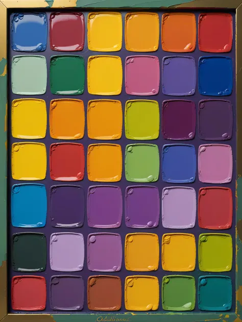 full frame image, an oil painters pallet, acrylic paints Permanent-Red-Violet,Quinacridone-Blue-Light,Quinacridone-Green-Yellow, oil paint cadmium-free-lemon,permanent-green-light,cadmium-free-yellow-pale, gouache colors gold,cadmium-yellow,orange-lake-light, vibrant, modern, 3D, ultra realistic