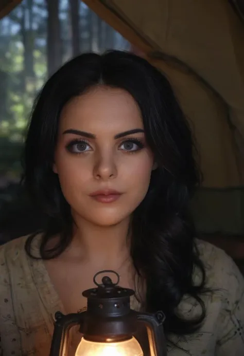 cinematic head and shoulder portrait,eliGil camping in the woods,slick black hair,sitting inside a large tent,kirby pajamas,night time,old oil lamp inside tent,detailed skin pores,perfect eyes,hyperdetailed photography,intricate details,highly textured skin,4k textures,4k resolution,<lora:eliGil:1>,