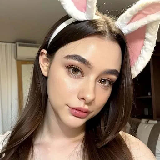 <lora:Dasha:1> 1girl, with bunny ears, cute, long_hair, solo, breasts, looking_at_viewer, lips, realistic, upper_body, face up close, brown_eyes