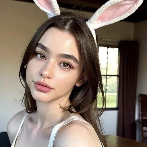 <lora:Dasha:1> 1girl, with bunny ears, cut, long_hair, solo, breasts, looking_at_viewer, lips, realistic, upper_body, face up close, brown_eyes