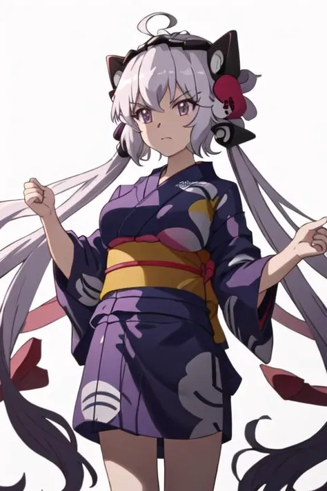 best quality, masterpiece, highres, solo, {yukata:1.40}, {kimono:1.20}, {yukine_chris_senkizesshousymphogear:1.15}, purple_eyes, long_hair, twintails, headgear, ahoge, breasts