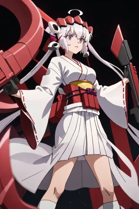 best quality, masterpiece, highres, solo, {white kimono:1.35}, {red hakama:1.35}, {wide sleeves:1.20}, {yukine_chris_senkizesshousymphogear:1.15}, purple_eyes, long_hair, twintails, headgear, ahoge, 