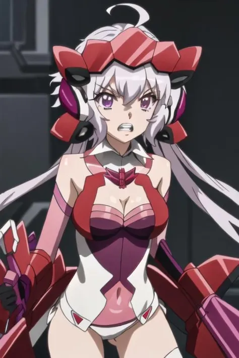 best quality, masterpiece, highres, solo, {yukine_chris_senkizesshousymphogear:1.15}, purple_eyes, long_hair, twintails, headgear, ahoge, breasts, 1girl, anime_coloring, hair_between_eyes, parody, v-shaped_eyebrows, clenched_teeth, teeth, close-up