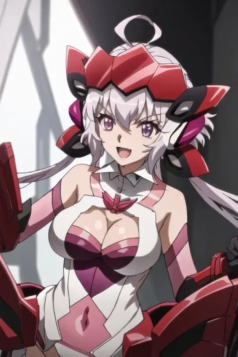 best quality, masterpiece, highres, solo, {yukine_chris_senkizesshousymphogear:1.15}, purple_eyes, long_hair, twintails, headgear, ahoge, breasts, 1girl, anime_coloring, bare_shoulders, cleavage, grey_hair, hair_between_eyes, large_breasts, looking_at_viewer, open_mouth, upper_body, :d, bangs, cleavage_cutout, clothing_cutout, smile