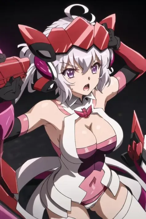 best quality, masterpiece, highres, solo, {yukine_chris_senkizesshousymphogear:1.15}, purple_eyes, long_hair, twintails, headgear, ahoge, breasts, 1girl, bare_shoulders, elbow_gloves, gloves, open_mouth, large_breasts, cleavage