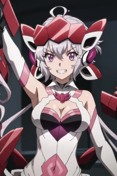 best quality, masterpiece, highres, solo, {yukine_chris_senkizesshousymphogear:1.15}, purple_eyes, long_hair, twintails, headgear, ahoge, breasts, 1girl, grin, hair_between_eyes, looking_at_viewer, smile, v-shaped_eyebrows, anime_coloring, grey_hair, purple_hair