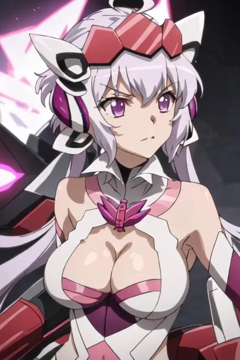 best quality, masterpiece, highres, solo, {yukine_chris_senkizesshousymphogear:1.15}, purple_eyes, long_hair, twintails, headgear, ahoge, , 1girl, large_breasts, cleavage, purple_hair, bare_shoulders, 