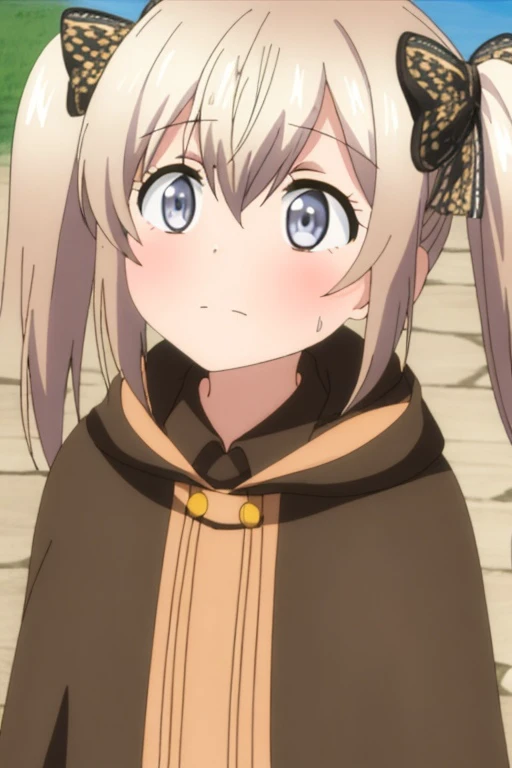 <lora:uchino_latina1-000099:1> a girl dressed in a hooded cloak outfit, masterpiece, outdoors, portrait, looking up, twintails,
